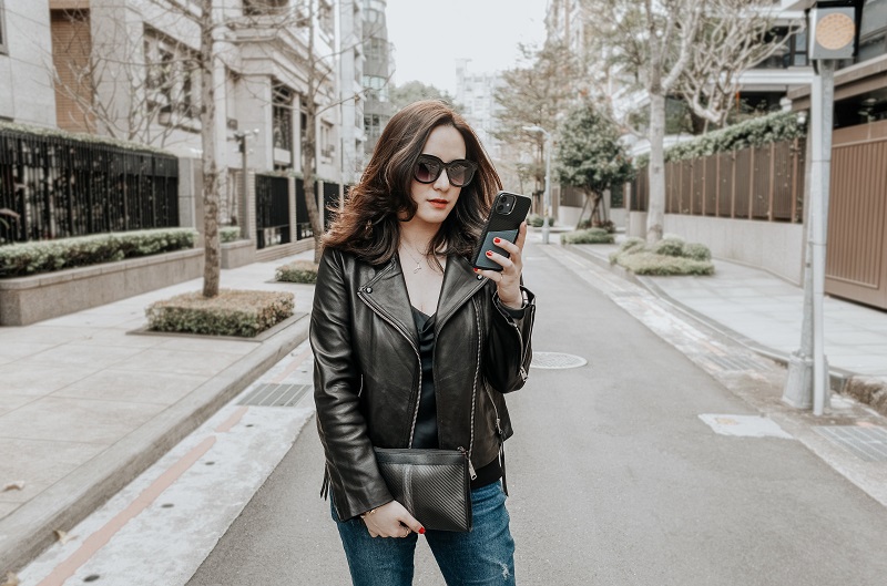 black leather jacket with bag